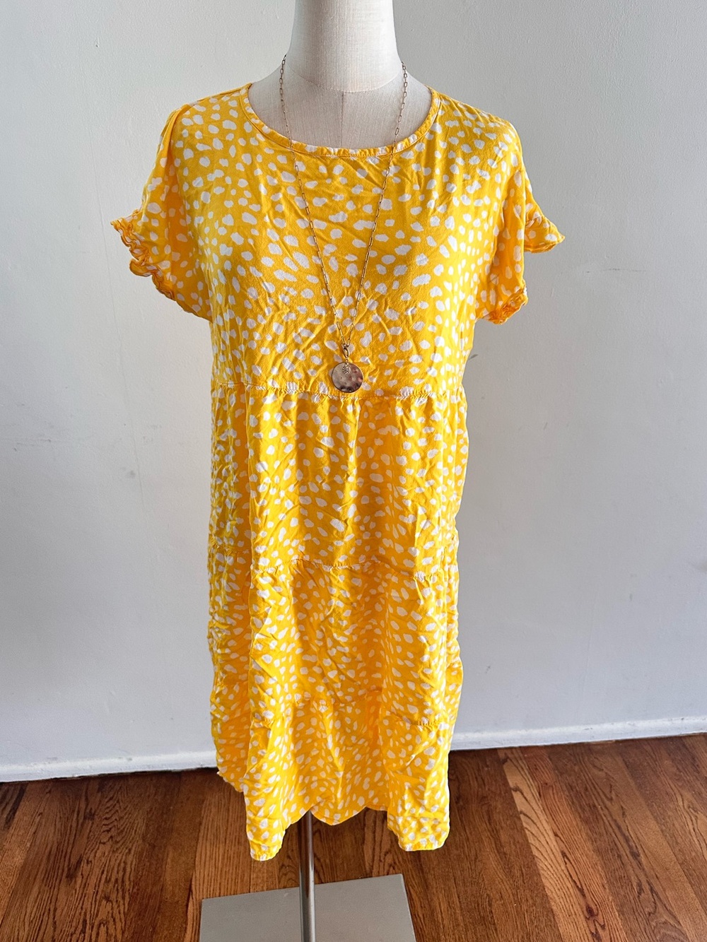 Yellow Polka Dot Tiered Midi Dress Ruffle Sleeve Boho Cottagecore Large